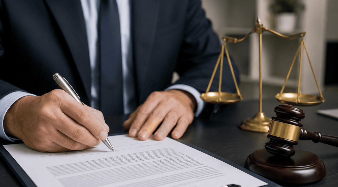Advogado assinando contrato de locação em escritório moderno, com símbolo da balança da justiça e foco em cláusulas elétricas contratuais.