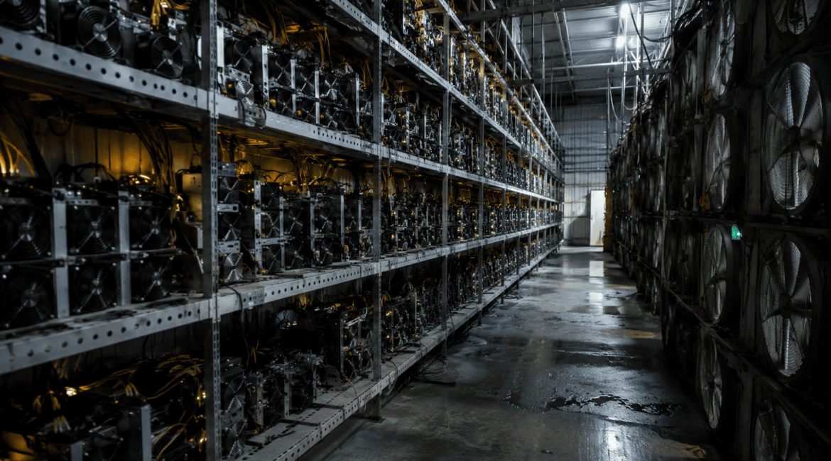 Fileiras de rigs de mineração de criptomoedas em um galpão industrial, com cabos expostos, luzes âmbar intensas e grandes ventiladores dissipando o calor gerado pelas máquinas.