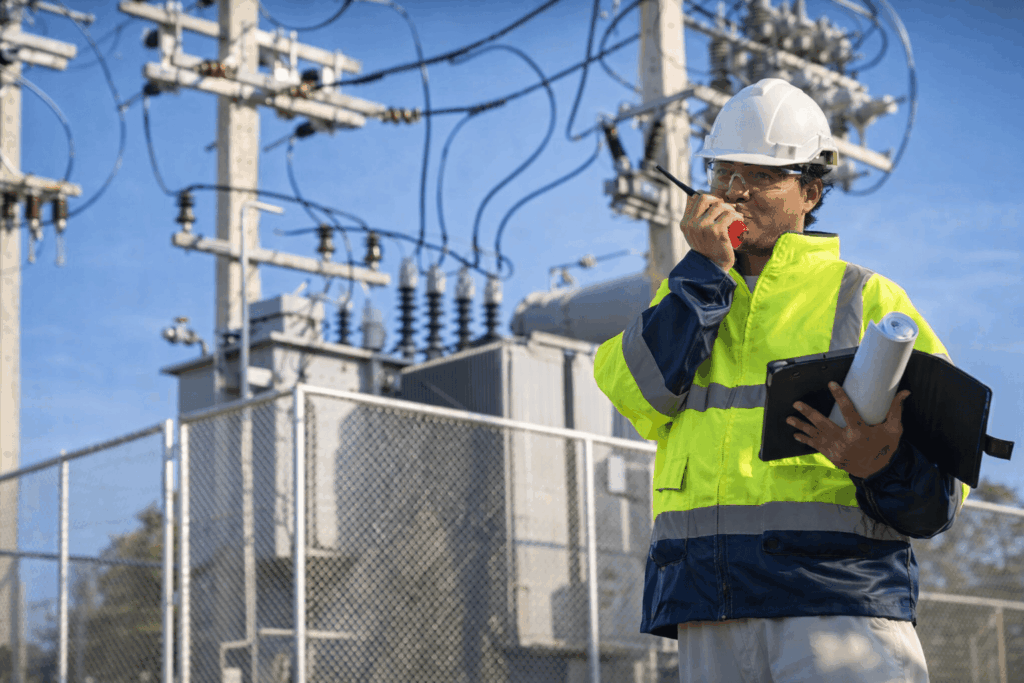 Sistema elétrico com transformadores e linhas de distribuição em operação