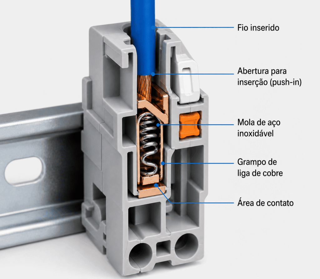 Detalhe interno da mola de um borne push-in usado em conexões elétricas industriais