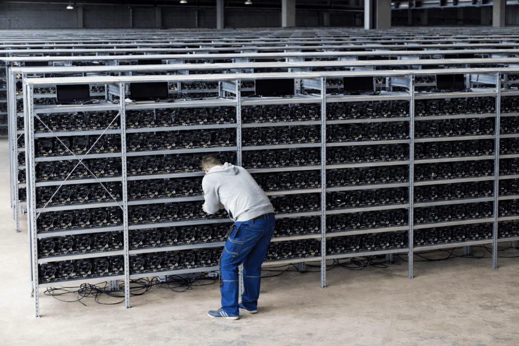Galpão com equipamentos de mineração digital funcionando em alta demanda elétrica