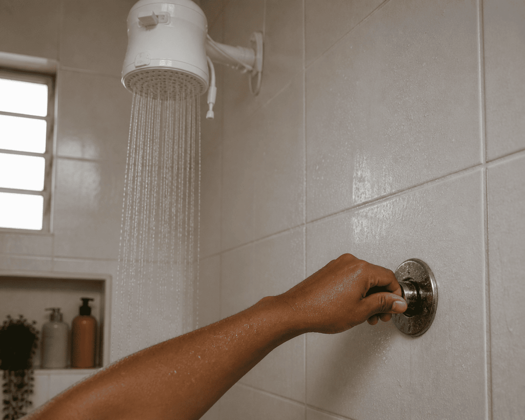 Fechando registro do chuveiro para economizar energia no banheiro