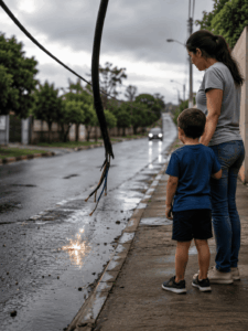 Fio elétrico danificado representando risco de choque e curto-circuito em instalação elétrica