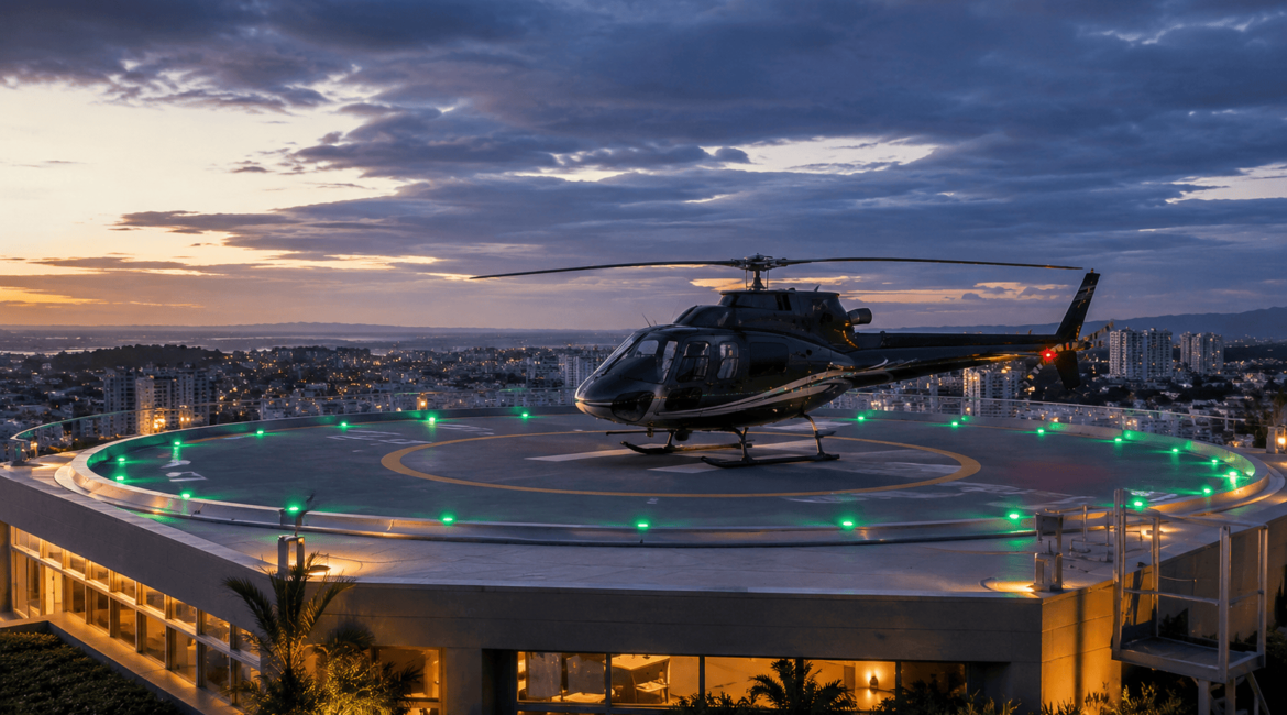 Helicóptero em heliponto com sistema de iluminação LED