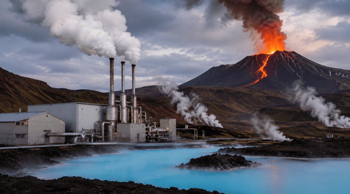 Usina geotérmica em país que utiliza calor de vulcões para gerar energia elétrica