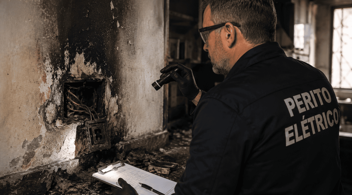 Especialista analisando sinais elétricos após incêndio