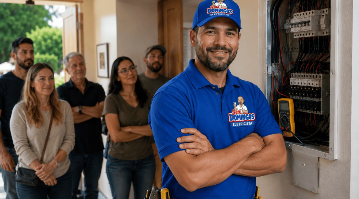Eletricista da equipe Seu Domingos Eletricista com uniforme azul realizando atendimento em painel elétrico residencial.