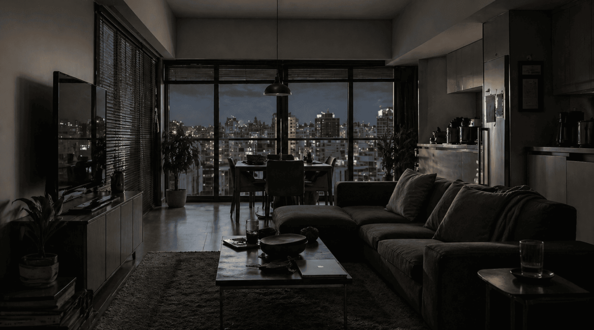 queda de energia no condomínio com apartamento escuro e prédios sem luz