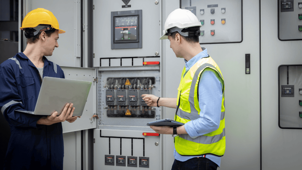 eletricista analisando painel com auxílio de sistema digital