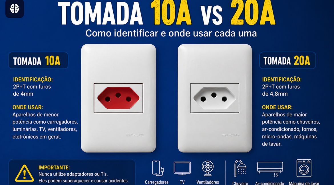 Diferença entre tomada de 10A e tomada de 20A em instalações elétricas residenciais