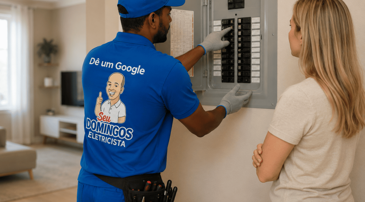 Painel elétrico residencial com disjuntores identificados para leitura e manutenção segura da instalação elétrica