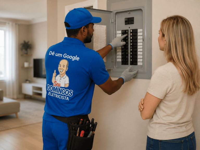 Painel elétrico residencial com disjuntores identificados para leitura e manutenção segura da instalação elétrica