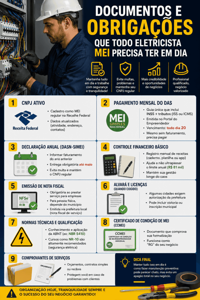 Documentação profissional organizada para atuação de eletricista MEI