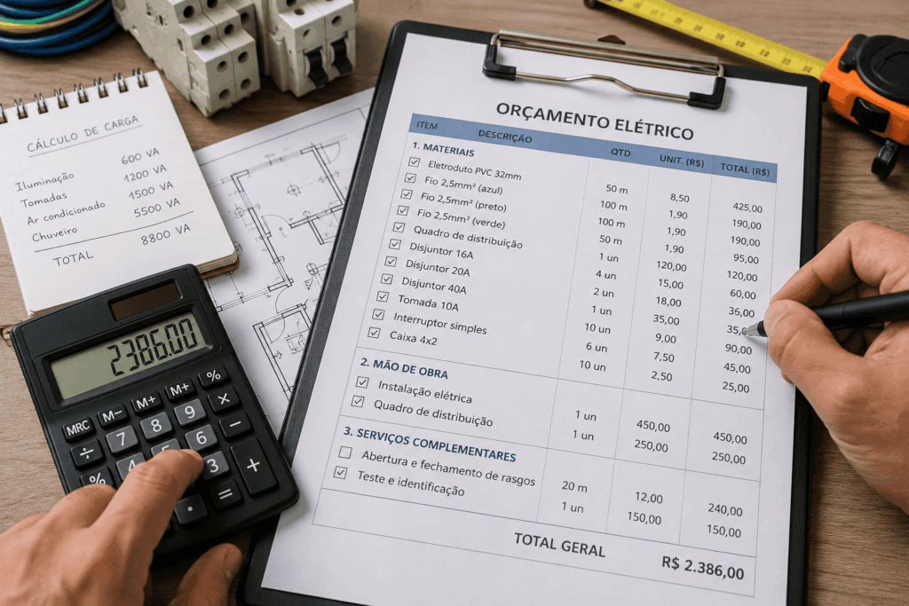 Planejamento elétrico sendo analisado durante orçamento de instalação