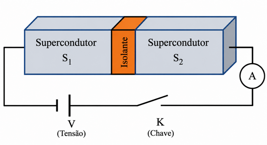 Diagrama de junção Josephson mostrando dois supercondutores separados por uma fina barreira isolante