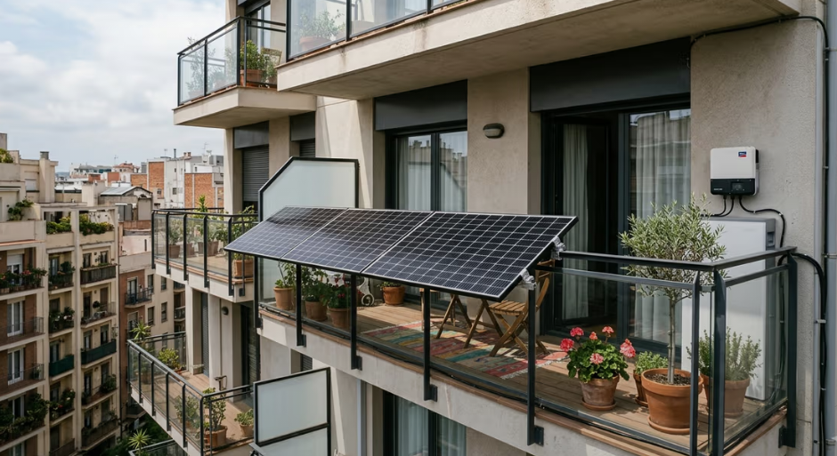 Painel solar instalado na varanda de apartamento para aproveitamento da energia solar