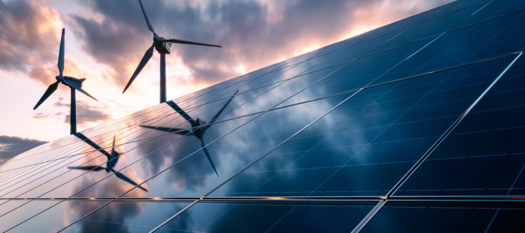 Painéis solares instalados em edifício para geração de energia limpa e sustentável