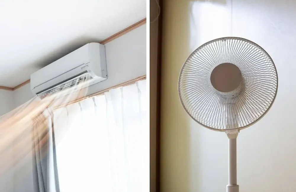Ventilador e ar-condicionado em funcionamento simultâneo para auxiliar na circulação de ar em ambiente interno