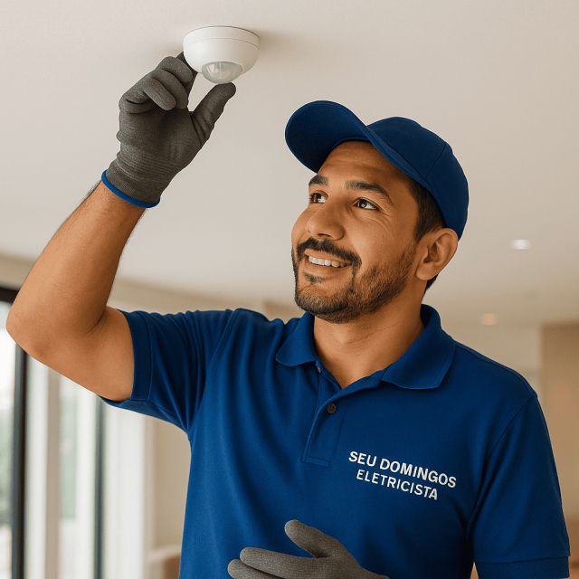 Seu Domingos Eletricista instala sensor de presença no teto, com atenção e profissionalismo